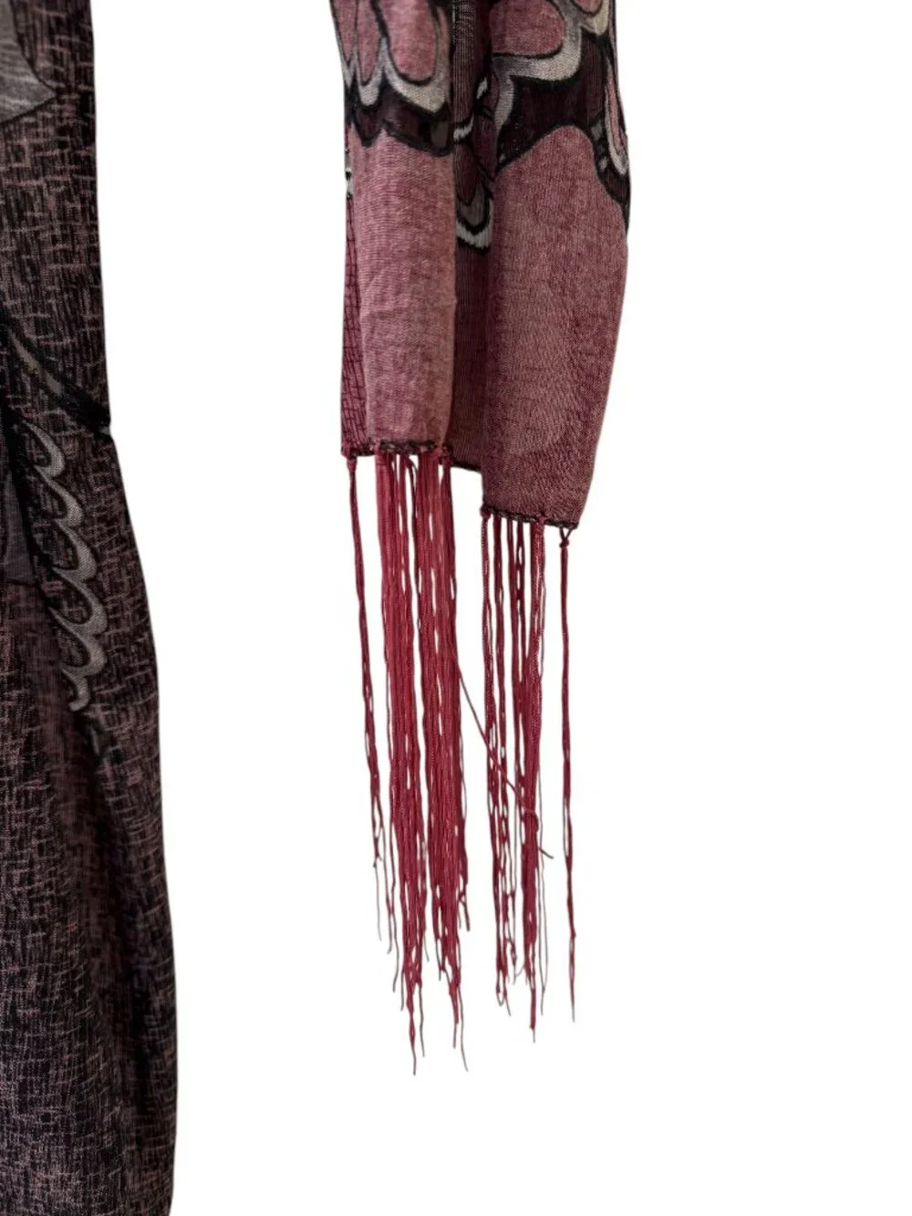 Floral Pattern Fringe Scarf – Mauve / Plum Tones – 60” x 16”